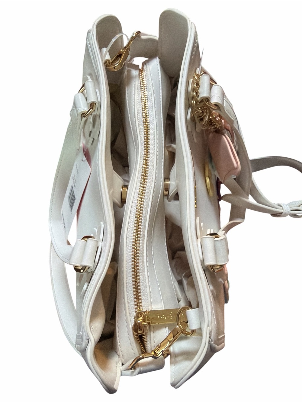 Betsy Johnson White Pink Multi 3-D Applique Floral Butterfly Charm Satchel Bag - Picture 8 of 9